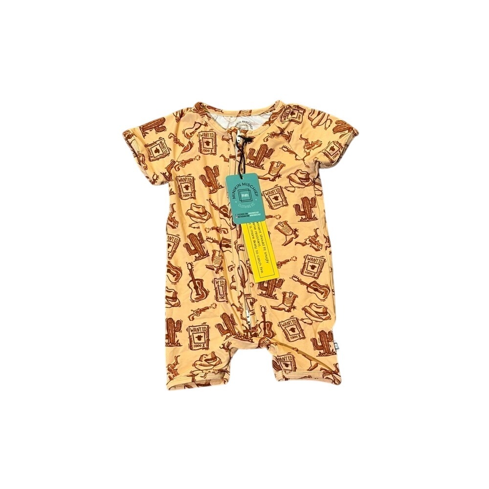 Minikin Mischief Western Cactus Wanted Poster Short Sleeve Romper 3-6M New